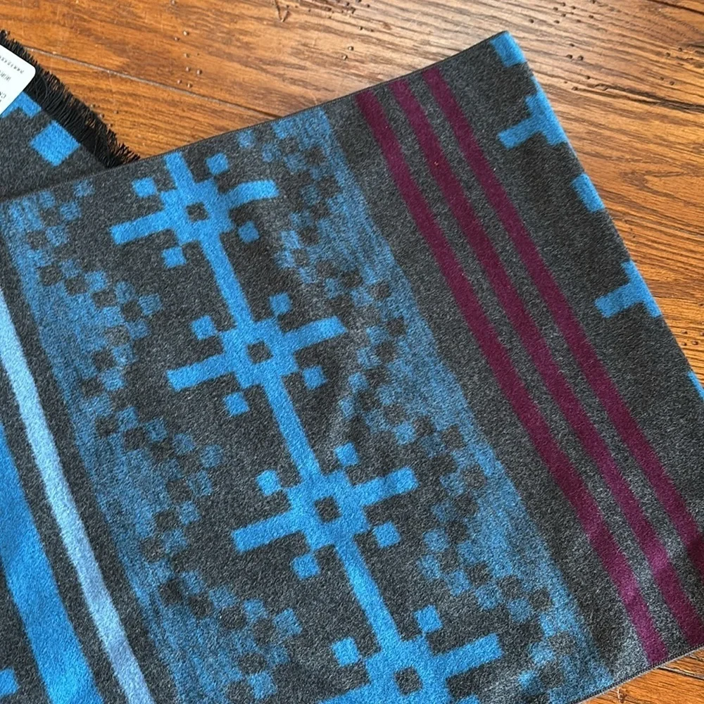 Light of Snow NWT Mulberry Silk Scarf Blue Gray Maroon Geometric Print Fringe